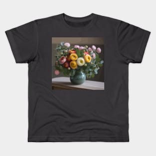 Ranunculus Flowers and Eucalyptus Leaves Still Life Painting Kids T-Shirt